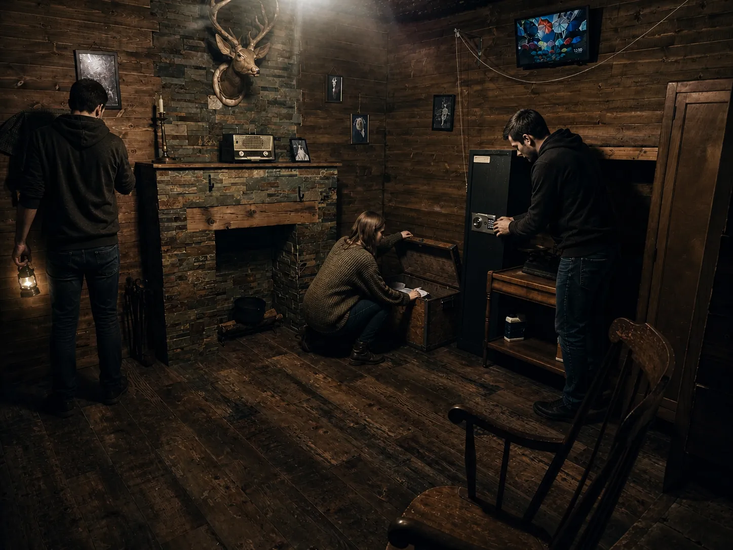 Décor sombre de l’escape game La Cabane sans Retour à Cergy