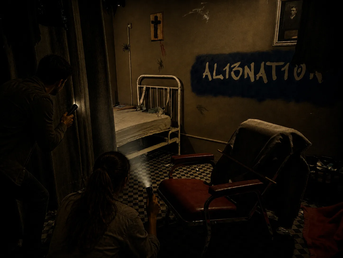 Couloir sombre de l’escape game L’Antre de la Folie à Cergy